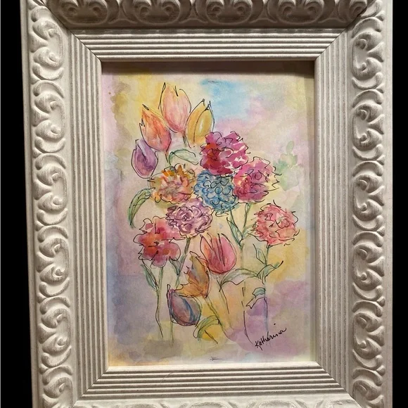 Elegant Floral Watercolor in Ornate Frame - Picture 4 of 8